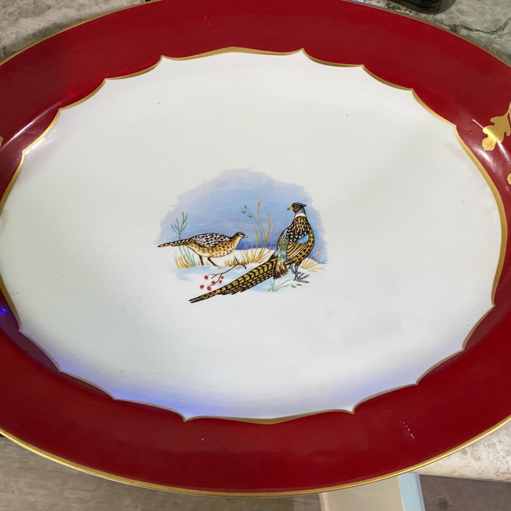 Lynn Chase designs winter birds soup Turin and platter in red